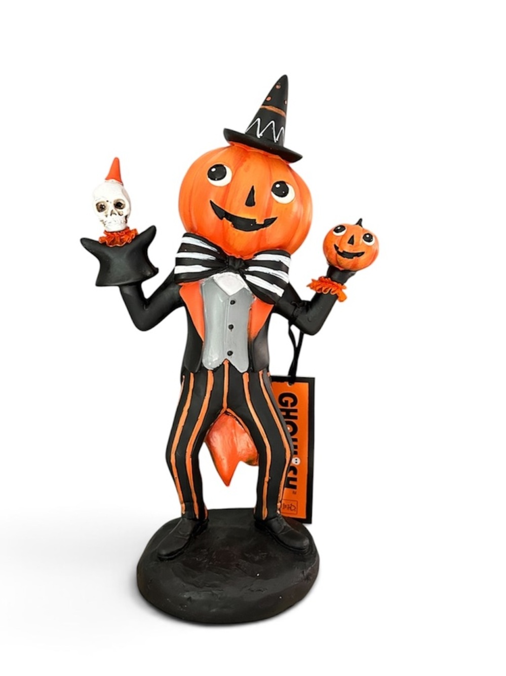 Ghoulish Pumpkin Head holding pumpkin and Skull Figurine - Orange and Black NWT